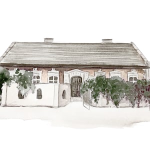 May include: Watercolor painting of a white building with a brown roof and green vines growing on the sides. The building has a large wooden door with a window above it.