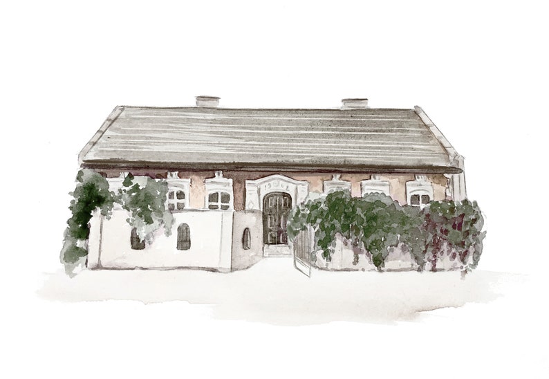 May include: Watercolor painting of a white building with a brown roof and green vines growing on the sides. The building has a large wooden door with a window above it.