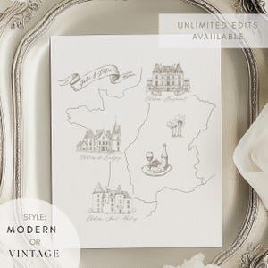May include: A light gray map illustration of France featuring detailed drawings of chateaus and a wine and cheese arrangement. The text "John & Peter" is on a banner. The words "Unlimited Edits Available" and "Modern or Vintage" are also present.