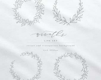 Set of botanical line art foliage garland wreath clipart vector free commercial licence