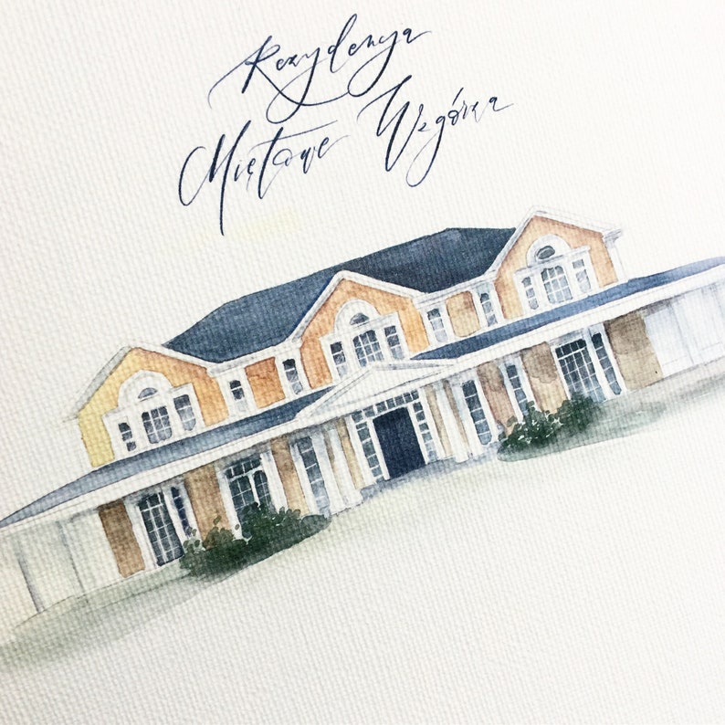 May include: Watercolor painting of a large, two-story house with a light brown exterior, white columns, and a dark blue roof. The house has many windows and a large front door. The painting is signed "Raydenga Mistowe Wig&ouml;r" in cursive.