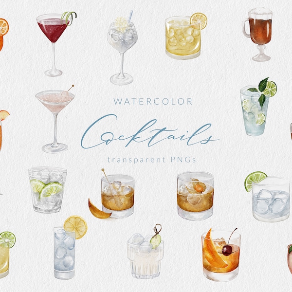 Cócteles de acuarela Imágenes de bebidas de acuarela Aperol Spritz Mojito Acuarela PNG Bebidas Menú de bar de bodas Cliparts Old Fashioned