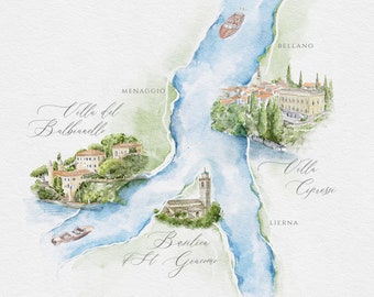 Custom Map with 4 venues Wedding Map Design Watercolor Wedding Itinerary Design Stationery Custom Map