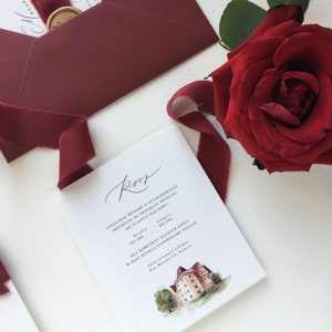 May include: A white RSVP card with black text and a watercolor illustration of a building. The text reads "Uprzejmie prosimy o potwierdzenie przybycia na przyjęcie weselne do 10 lipca 2020 roku."  The card also includes the names "Karolina" and "Gregors" with phone numbers.