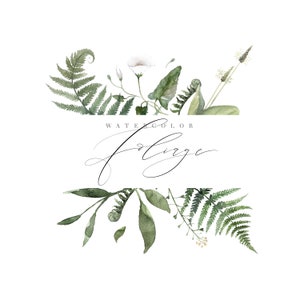May include: Watercolour illustration of green foliage, including ferns, leaves, and flowers. The text "WATERCOLOR FOLIAGE" is written in black cursive script.