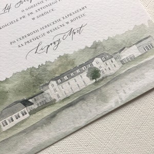May include: A wedding invitation with a watercolor illustration of a building with a lake in the foreground. The text reads "14 sierpnia 2020" and "Lapory Most".