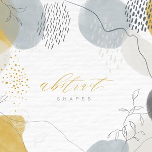 May include: Abstract shapes in shades of gray, yellow, and white with black accents. The text "abstract shapes" is written in gold lettering.