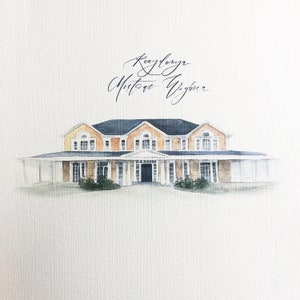 May include: Watercolor painting of a large, yellow house with a white porch and columns. The house has a black roof and white trim. The text "Raydonja Mistone Virginia" is written in cursive above the house.