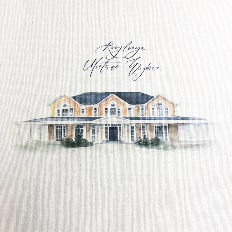 May include: Watercolor painting of a large, yellow house with a white porch and columns. The house has a black roof and white trim. The text "Raydonja Mistone Virginia" is written in cursive above the house.