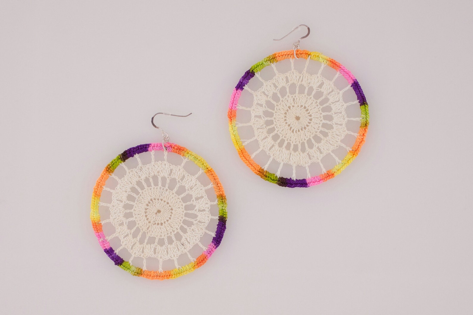 Sterling Silver Cotton and Nylon Thread Crochet Hoop Earrings. Great