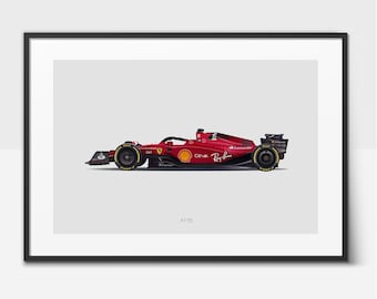Pode incluir: Impressão emoldurada de um carro de corrida de Fórmula 1 vermelho, com detalhes em preto e amarelo. O carro apresenta logotipos de patrocinadores e o texto "F1-75" na parte inferior. A imagem está em um fundo cinza claro.