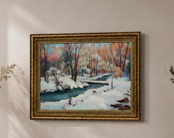 De Ette Carver Winter Stream Landscape Oil Painting Wilmington MA 1955 Framed