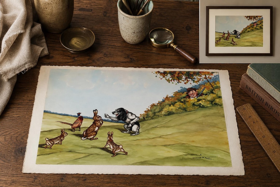 Boris O'klein Original Watercolor: Comical Hunting Scene With Dogs