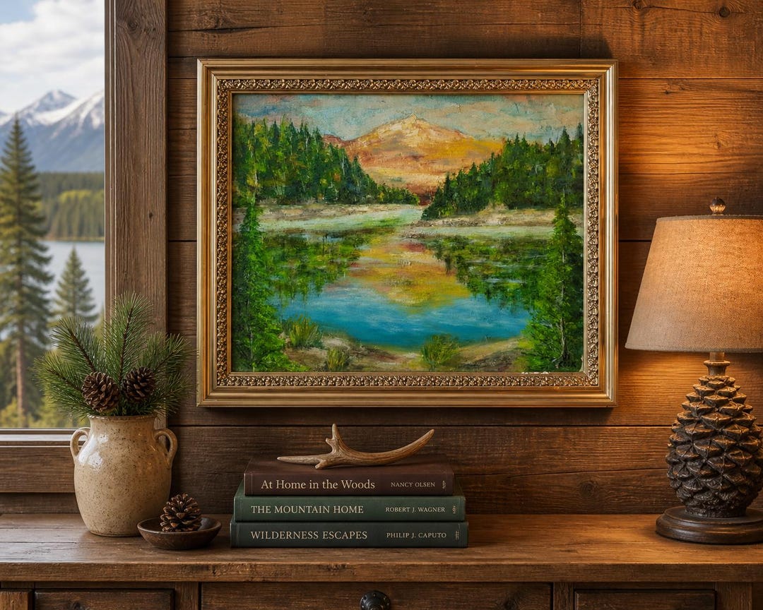 Original Oil Painting Mountain Lake Landscape Framed Vintage Cabin Wall ...