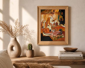 Vintage Southwest Pueblo Painting Native American Student Art Shiprock NM Framed Desert Adobe Wall Decor