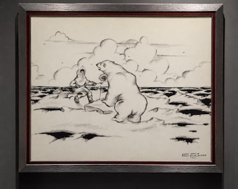 Signed Eddie Omnik Point Hope Alaska Polar Bear Hunter Drawing Native Art Framed 1971
