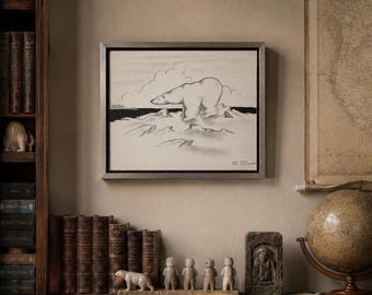 Eddie Omnik Polar Bear Drawing 1971 Inuit Alaska Art Point Hope Original Framed