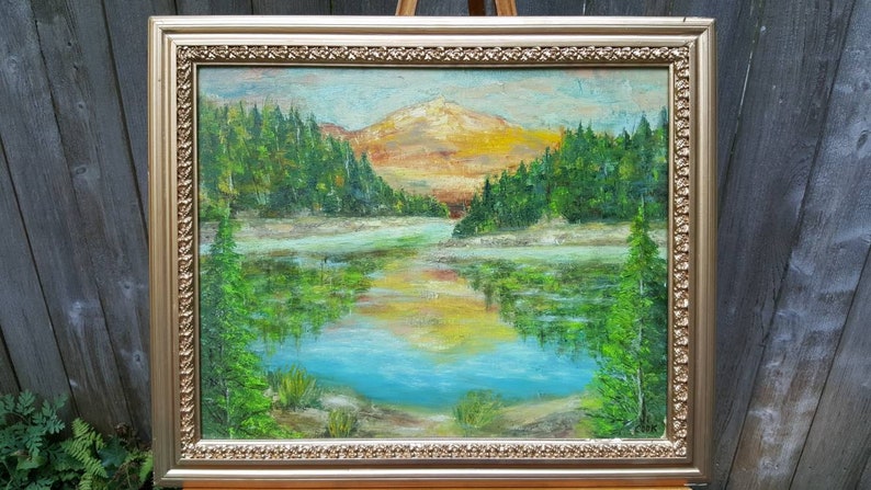 Original Oil Painting Mountain Lake Landscape Framed Vintage Cabin Wall ...