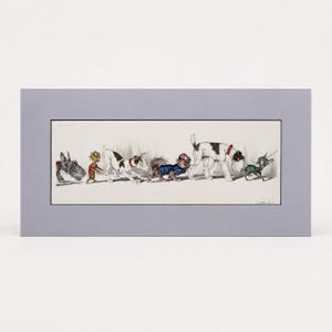 May include: A matted horizontal print featuring a whimsical illustration of six dogs walking in a line. The dogs vary in breed and color, with some wearing small sweaters or collars. The artwork is set against a plain background within a gray mat.