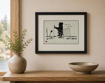 Henry Napartuk Inuit Stonecut Print, Eskimo Woman Fishing, Framed Signed Arctic Quebec Nunavik Art