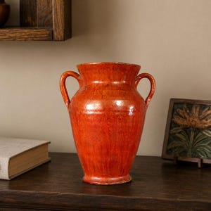 J.B. Cole North Carolina Art Pottery Double Handled Vase Orange Red Glaze Seagrove Studio Pottery