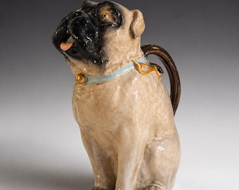 Vintage Figural Pug Pitcher, Ceramic Bulldog Jug, Majolica Style Dog Pottery, English Cottage Decor, Collectible Animal Vessel