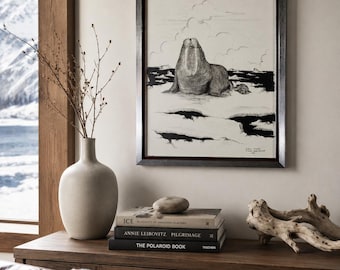 Vintage Eddie Omnik Walrus Drawing Alaska Native Inuit Point Hope Arctic Art