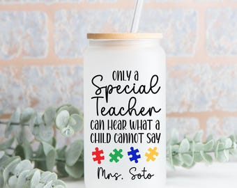 Autism Teacher Frosted Glass Tumbler,Teacher Cup, Personalized Teacher Gift, Teacher Appreciation, Autism Awareness Gift, Teacher Gift Idea