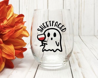 Sheetfaced Ghost Stemless Wine Glass, Funny Halloween Gift, Hostess Gift Idea, Halloween Decor