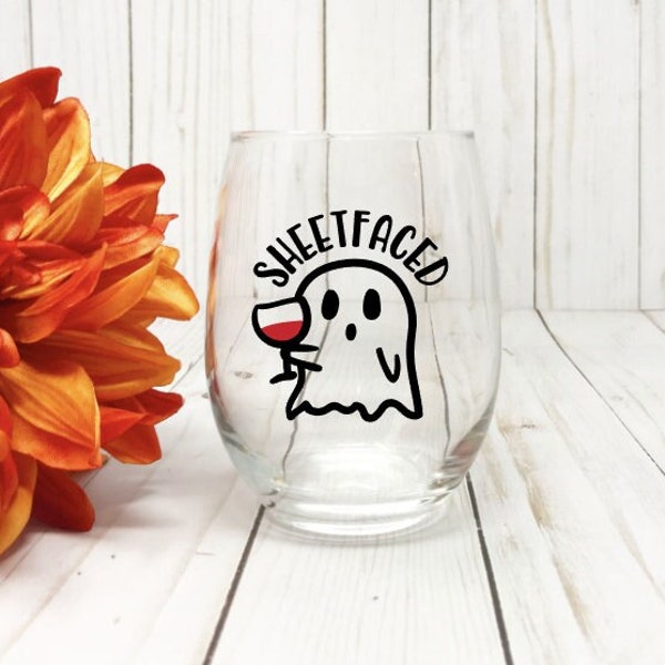 Sheetfaced Ghost Stemless Wine Glass, Funny Halloween Gift, Hostess Gift Idea, Halloween Decor