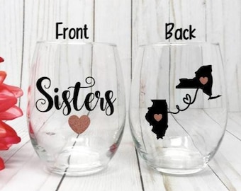 Copa de vino para hermana, regalo para la mejor amiga, regalo de cumpleaños para hermana, idea de regalo para hermana, de estado a estado, amistad a larga distancia