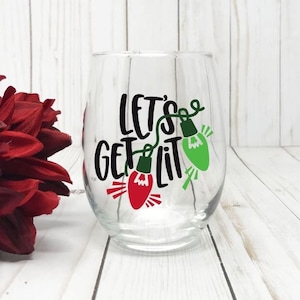 Lets Get Lit, Christmas Wine Glass, Funny Christmas Wine Glass, Secret Santa Gift, Elephant Gift, Christmas host Gift