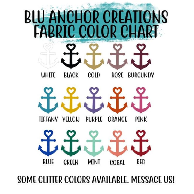 May include: Color chart for fabric with anchor designs.  The chart shows 15 different colors, including white, black, gold, rose, burgundy, tiffany, yellow, purple, orange, pink, blue, green, mint, coral, and red.