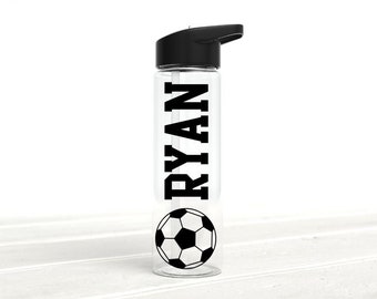 May include: A clear plastic water bottle with a black lid and a black straw. The bottle has a black and white soccer ball graphic and the name "RYAN" printed on the side.