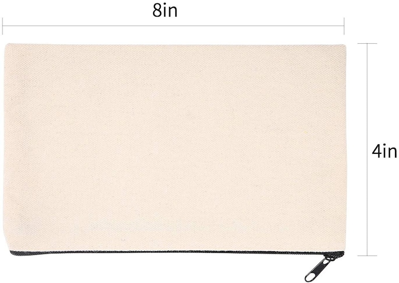 May include: A plain white canvas zipper pouch with a black zipper. The pouch measures 8 inches wide and 4 inches tall.