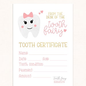 May include: A pink and gold tooth fairy certificate with a cartoon tooth illustration. The certificate has fields for the child's name, date, age, tooth condition, payment, and amount. It also includes a space for the tooth fairy's signature.