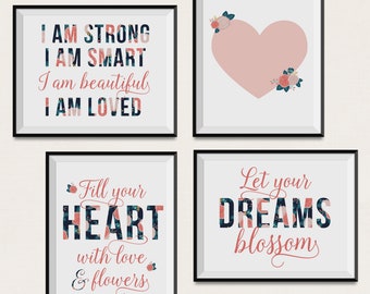 Girl Floral Heart Print / DIGITAL Set of 4 / Fill Your Heart Printable / Dreams Blossom Print / I am Loved Print / Girl Flower Decor Set