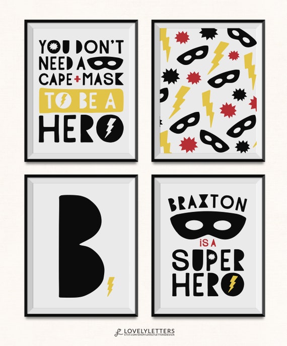 Personalized Superhero Print / Superhero Decor Set / DIGITAL Set of 4 / Superhero Printable / Personalized Hero Print / Hero Printable Il_570xn