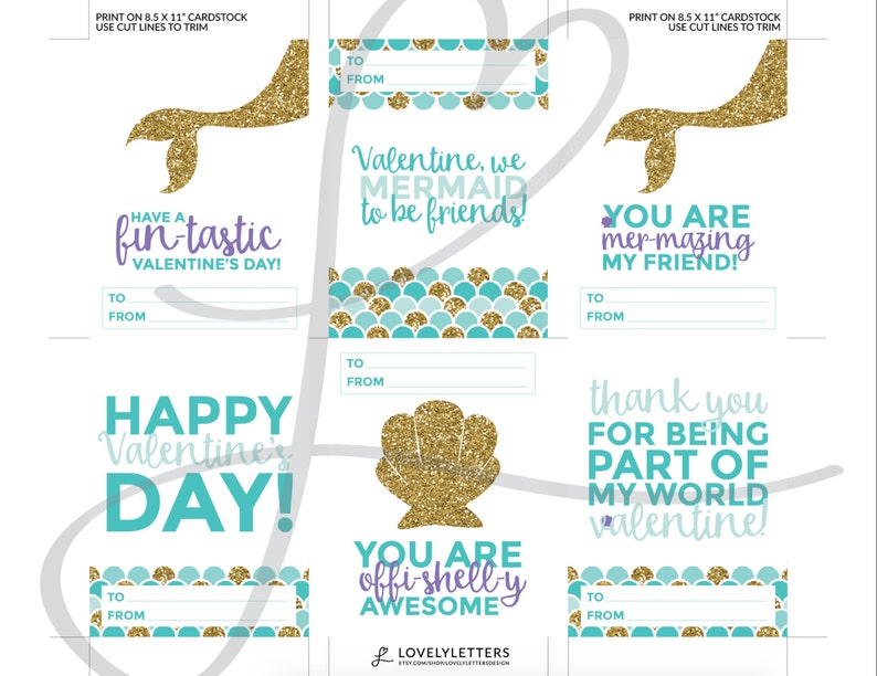 Mermaid Valentine Cards / Girl Valentines Card / DIGITAL / Mermaid ...
