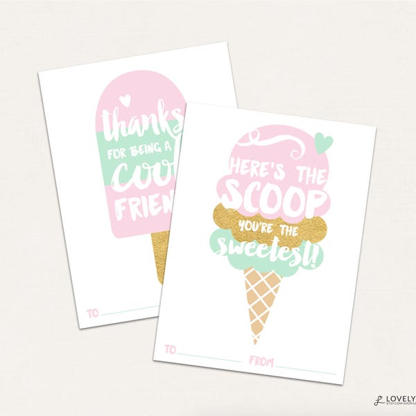 Ice Cream Valentine Cards / Girls Valentines Card / DIGITAL / Gold Valentines / You're The Sweetest Valentine / Class Vday / Classroom Vday