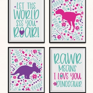 Estampado de dinosaurios para niñas / Decoración de dinosaurios para niñas / Conjunto DIGITAL de 4 / Impresión de dinosaurios / Sala de dinosaurios / Dinosaurio floral / Chica Rawr significa que te amo