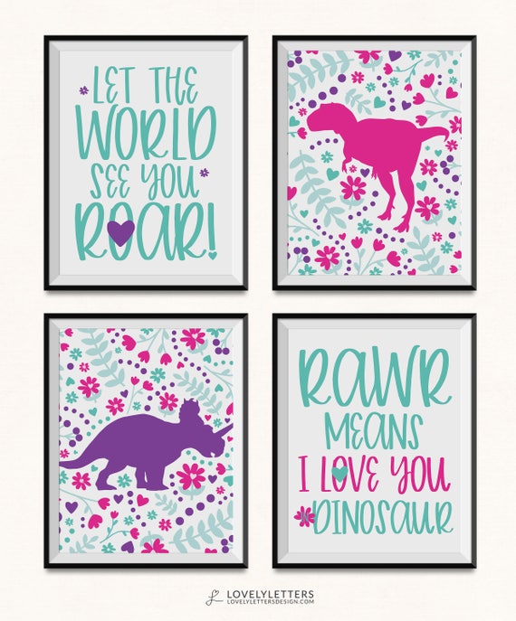 Girl Dinosaur Print / Girl Dinosaur Decor / DIGITAL Set of 4 / Dino Print / Dinosaur Room / Floral Dinosaur / Girl Rawr Means I Love You Il_570xn