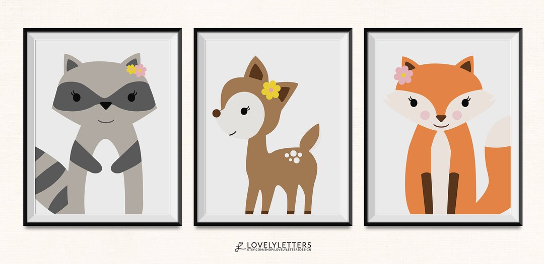 Floral Forest Animal Nursery Prints / DIGITAL / Girls Wall Art / Forest