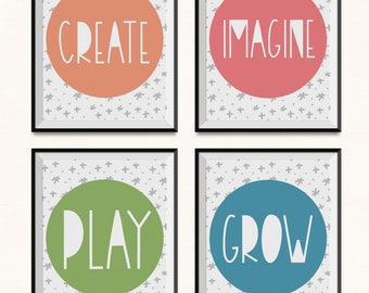 Create Learn Play Grow Classroom Printables / DIGITAL Set of 4 / Classroom Decor / Imagine Classroom Print / Create Imagine Play Grow Prints