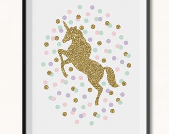 Confetti Unicorn Print / Magical Print / Gold Unicorn Printable / Glitter Unicorn Nursery / DIGITAL / Unicorn Decor / Pastel Dots Print