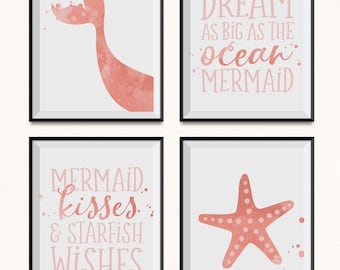 Mermaid Nursery Print / DIGITAL / Watercolor Mermaid Printables / Mermaid Kisses Starfish Wishes / Ocean Nursery Printables / Pink Ocean Art