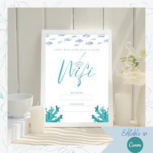 Coastal Wifi Password Sign Printable, Wifi Sign, Airbnb Wifi Sign, Editable Wifi Sign Template, Aquatic Wifi Password Sign, Instant Download