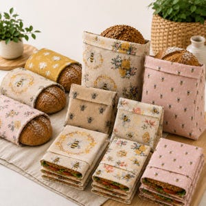 May include: A collection of fabric food storage bags and wraps featuring bee and floral patterns in shades of yellow, pink, and beige. The set includes upright pouches holding round loaves of bread and flat, folded wraps containing sandwiches.