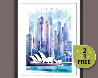 Sydney, Sydney city icons, Sydney landmarks, Sydney skyline. Sydney painting, Sydney poster, Sydney art, Syney cityscape, wall deco art,4110