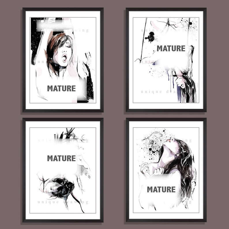 Bondage and BDSM Fine Art, Mature and Nude Painting, Young Woman Tied with Different Postures Print, Set of 4 prints, Home Wall Poster, 3316 